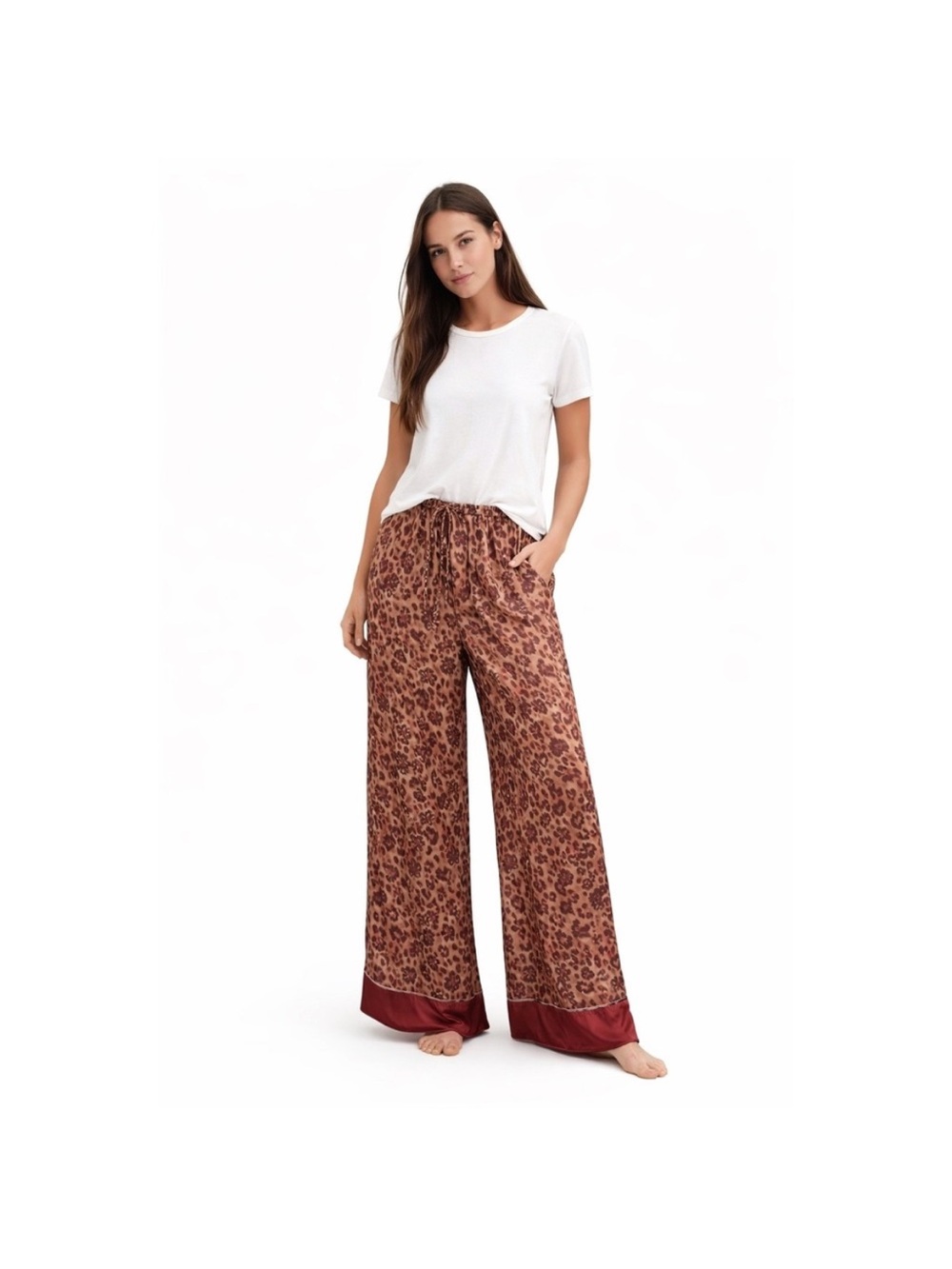 Free People Intimately Free Dreamy Days Leopard Print Wide-Leg Satin Pants - Picture 2 of 16
